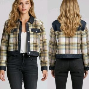 7 For All Mankind Tweed Jacket Women Medium Brown Yellow Tartan Plaid Cropped